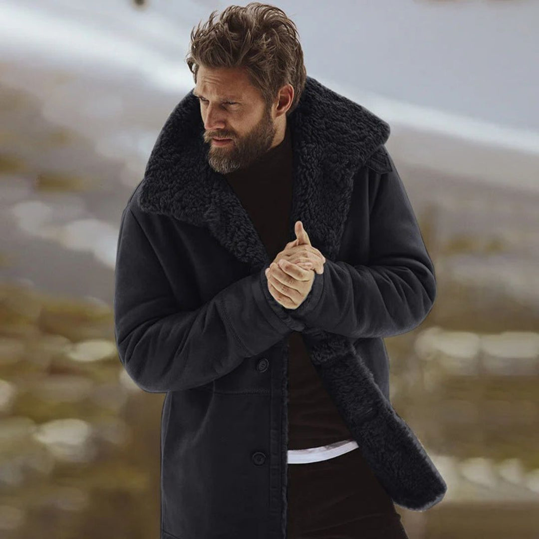 Men's shearling-style overcoat with wide collar, button front and angled pockets