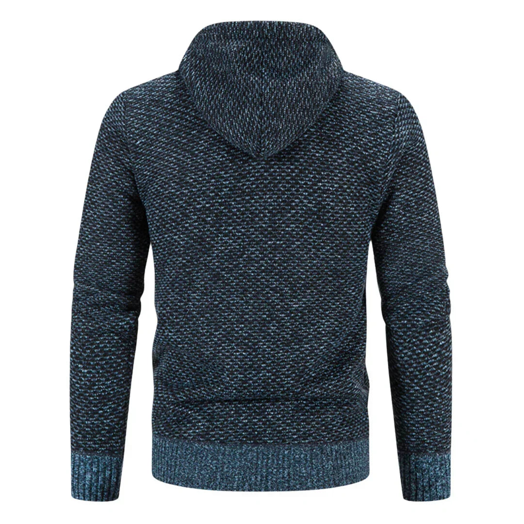 Men's textured knit hooded cardigan with full-zip front and front pockets