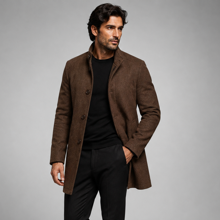Men's long patterned overcoat with stand collar and button front