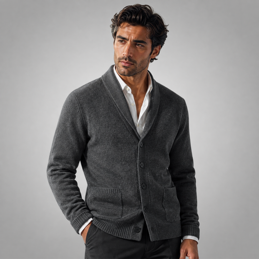 Men's shawl collar button cardigan with long sleeves, ribbed trims and front pockets