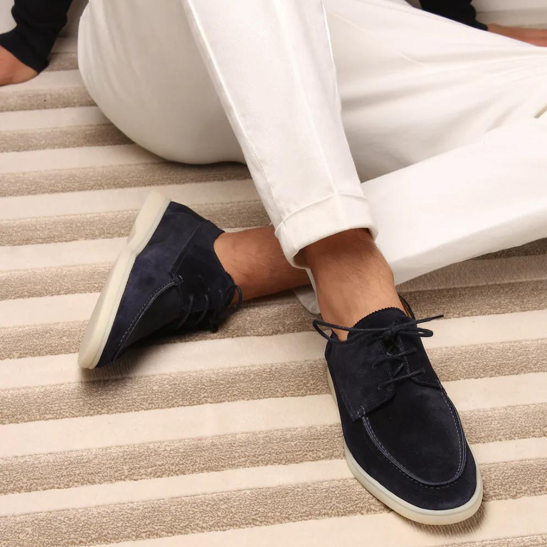 Men's lace-up loafers with moc toe stitching and contrasting sole