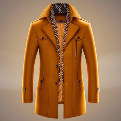 Men's long structured coat with notched lapels, patterned trim, buttons and multiple pockets