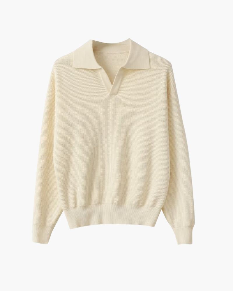 Men's textured knit polo jumper with collar, V-neckline and long sleeves