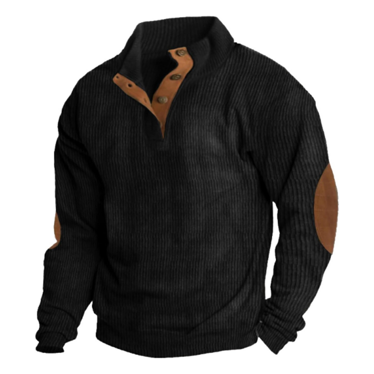 Men's ribbed quarter-button sweatshirt with mock neckline and elbow patches