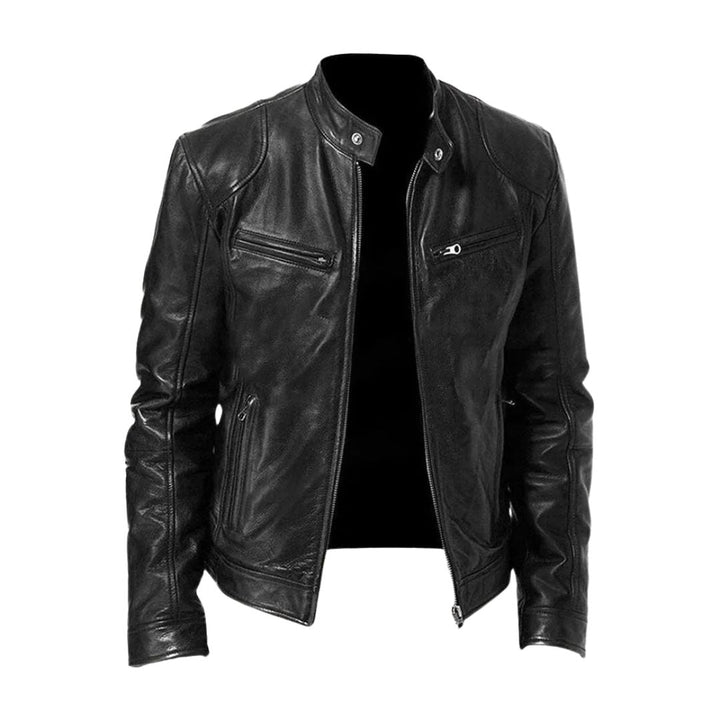 Men's zip front jacket with stand collar and multiple zipped pockets