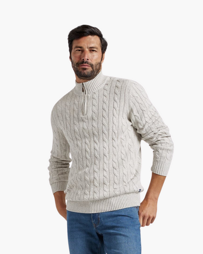 Cable-knit half-zip sweater with ribbed mock neck, cuffs and hem