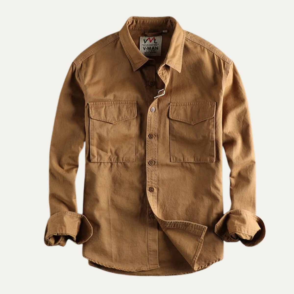 Men's long-sleeve utility shirt with button front and two flap chest pockets