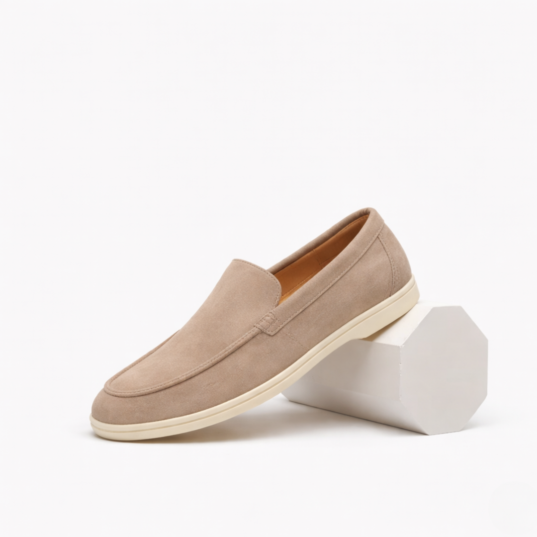 Men's slip-on suede loafers with moc toe and flat sole
