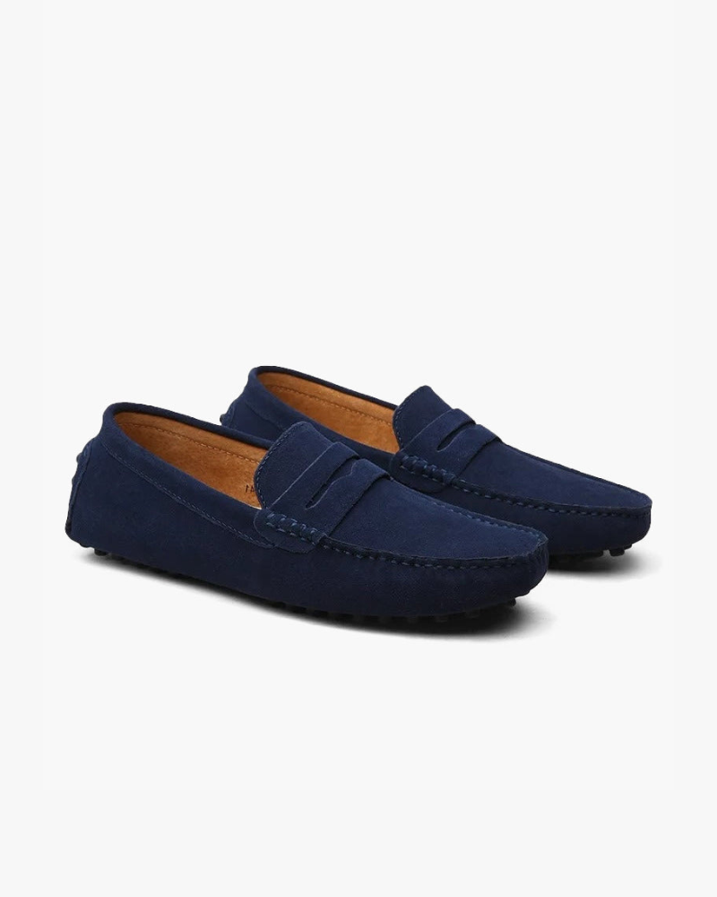 Men's suede driver loafers with moc toe and vamp strap