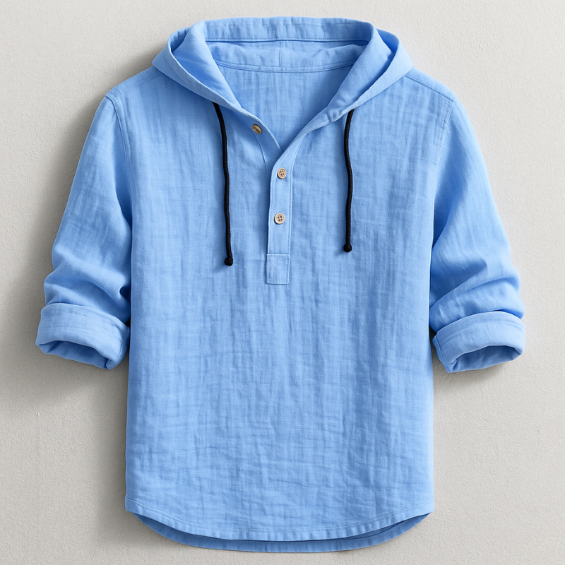 Unisex hooded pullover shirt with button placket