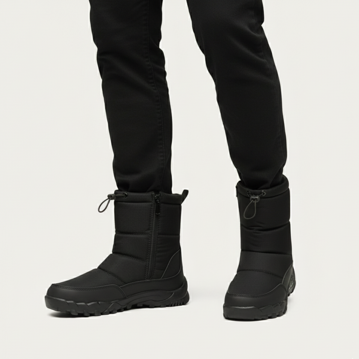 Men's padded winter snow boots with side zip, drawcord cuffs and deep tread soles