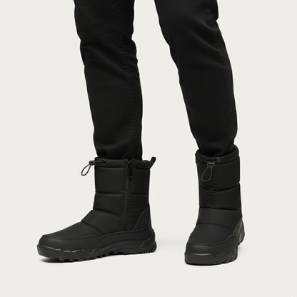 Men's padded winter snow boots with side zip, drawcord cuffs and deep tread soles