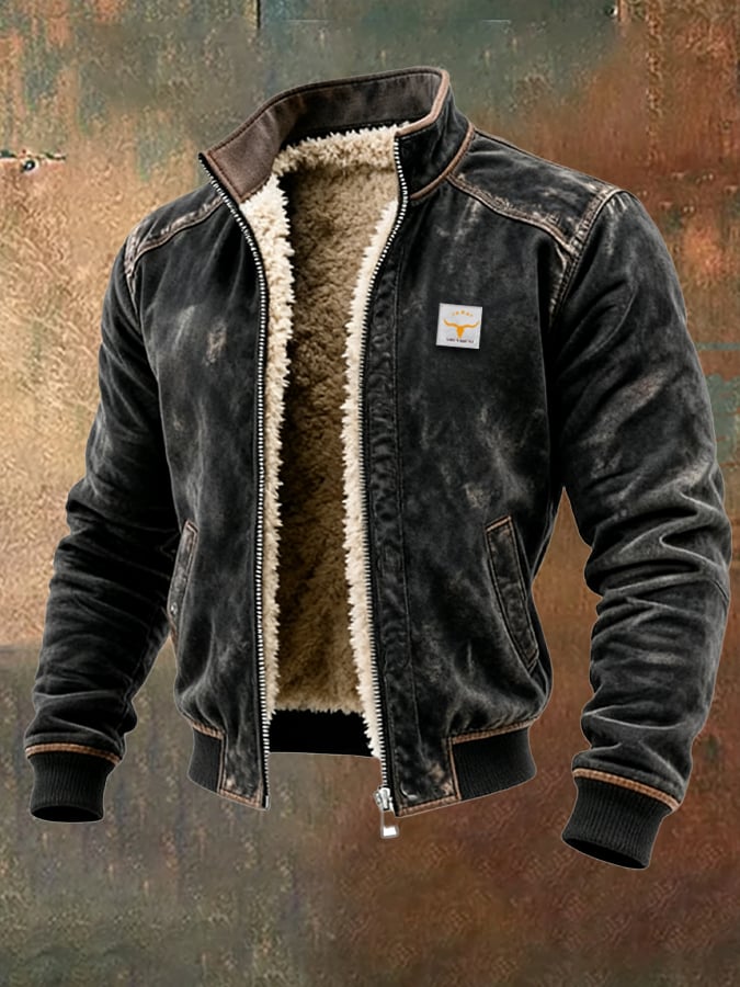 Warm-lined men's aviator jacket with stand collar, zip front and ribbed trims