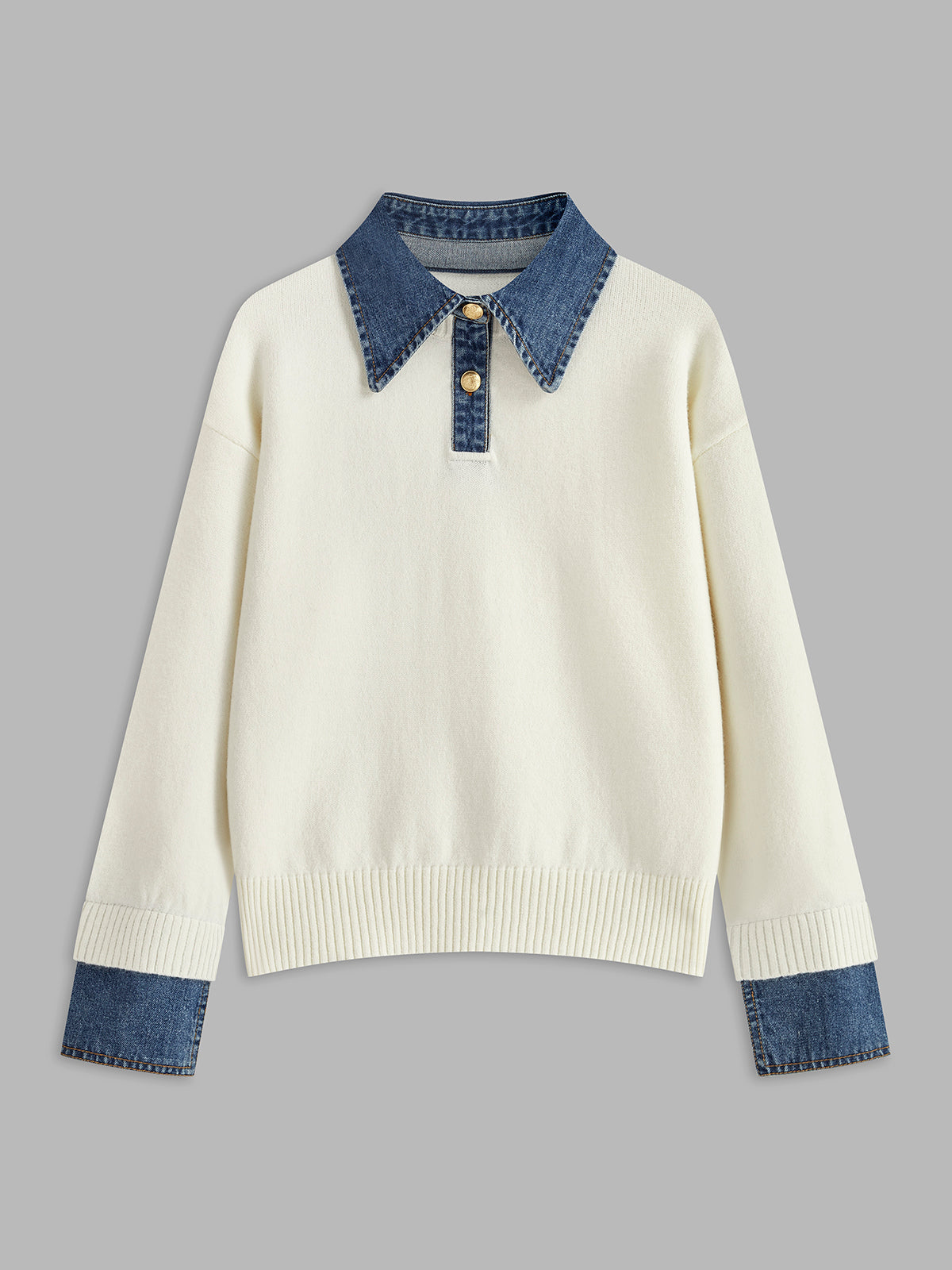 Panel sweater with contrasting denim lapel collar and long sleeves