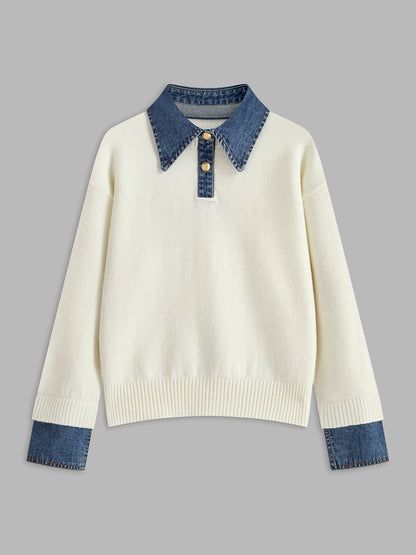 Panel sweater with contrasting denim lapel collar and long sleeves