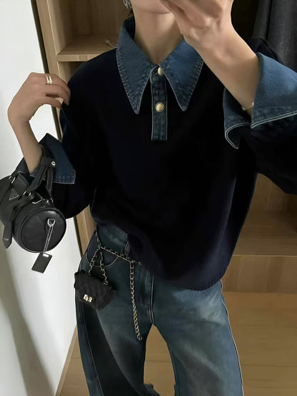 Panel sweater with contrasting denim lapel collar and long sleeves