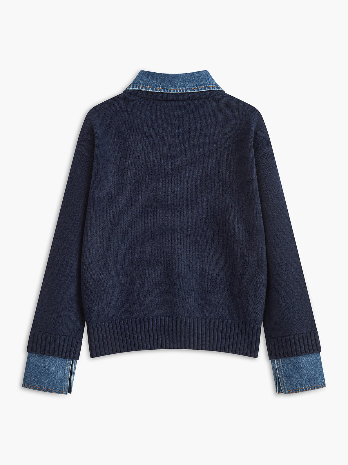 Panel sweater with contrasting denim lapel collar and long sleeves