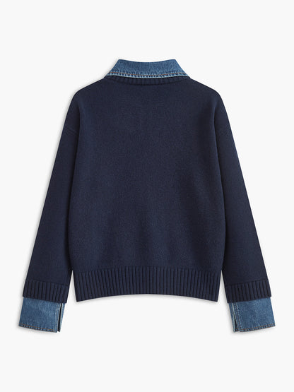 Panel sweater with contrasting denim lapel collar and long sleeves