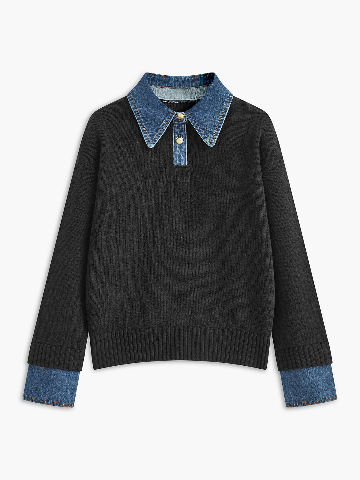 Panel sweater with contrasting denim lapel collar and long sleeves