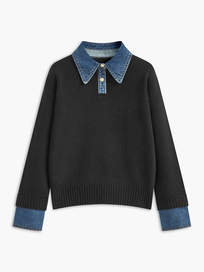 Panel sweater with contrasting denim lapel collar and long sleeves
