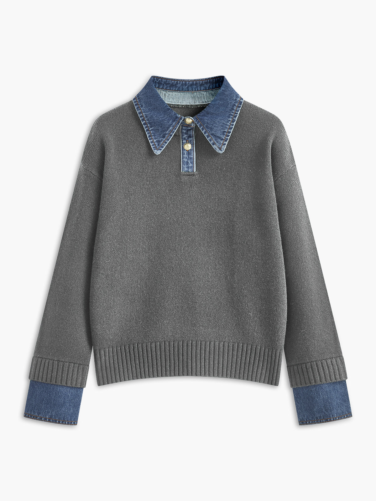 Panel sweater with contrasting denim lapel collar and long sleeves