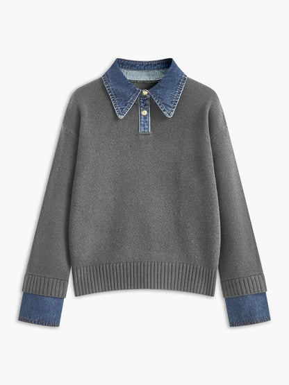 Panel sweater with contrasting denim lapel collar and long sleeves