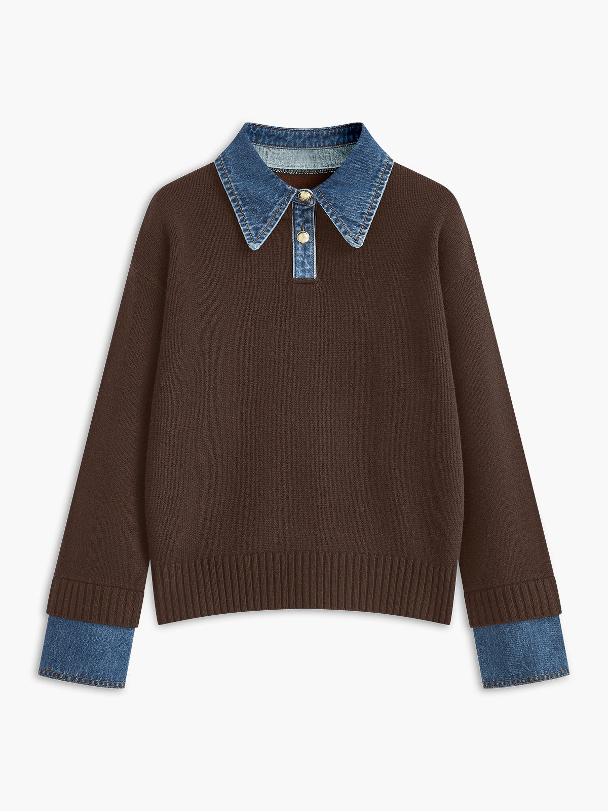 Panel sweater with contrasting denim lapel collar and long sleeves