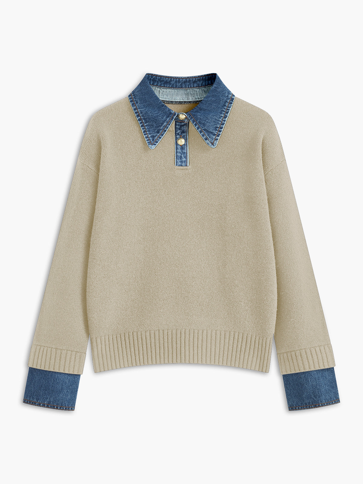 Panel sweater with contrasting denim lapel collar and long sleeves
