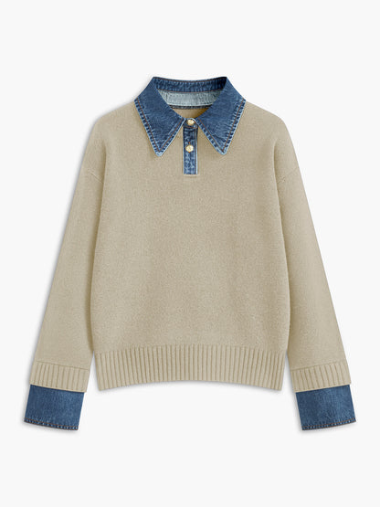 Panel sweater with contrasting denim lapel collar and long sleeves