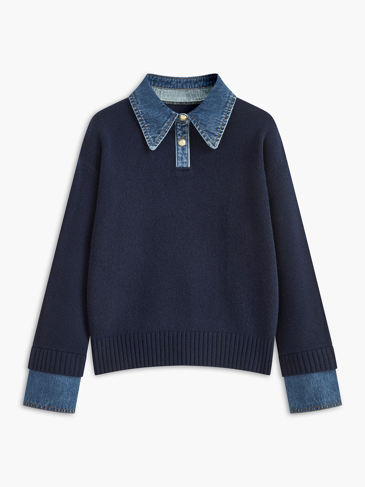 Panel sweater with contrasting denim lapel collar and long sleeves