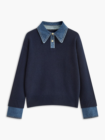 Panel sweater with contrasting denim lapel collar and long sleeves