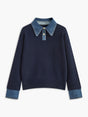 Panel sweater with contrasting denim lapel collar and long sleeves