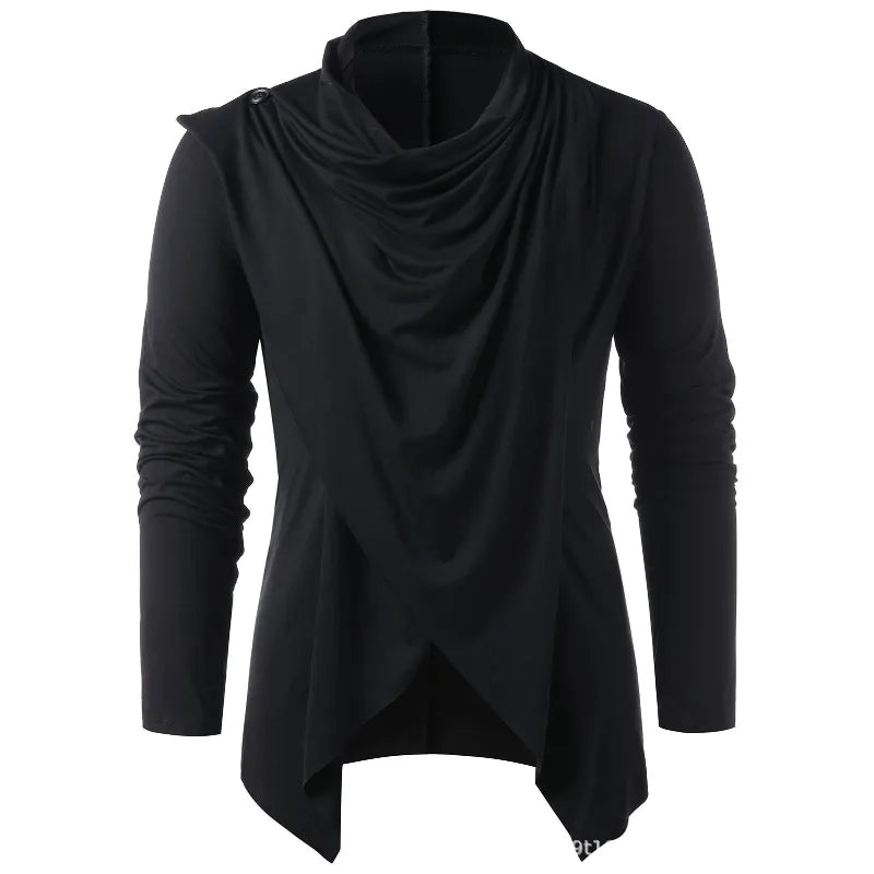 Men's draped cowl neck cardigan with long sleeves and asymmetric hem