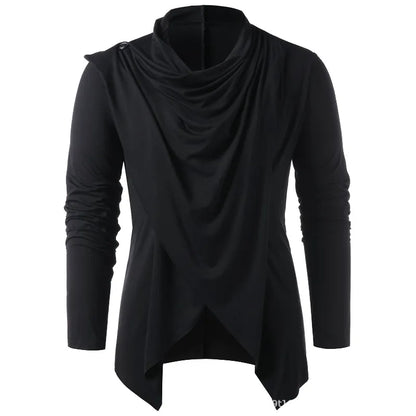 Men's draped cowl neck cardigan with long sleeves and asymmetric hem