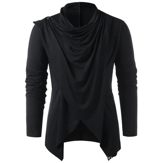 Men's draped cowl neck cardigan with long sleeves and asymmetric hem