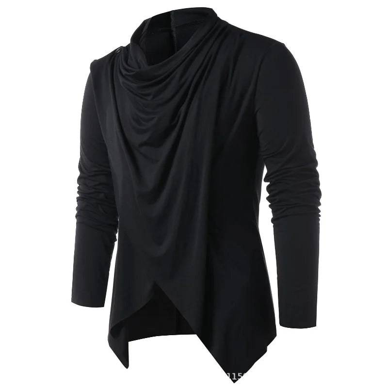 Men's draped cowl neck cardigan with long sleeves and asymmetric hem