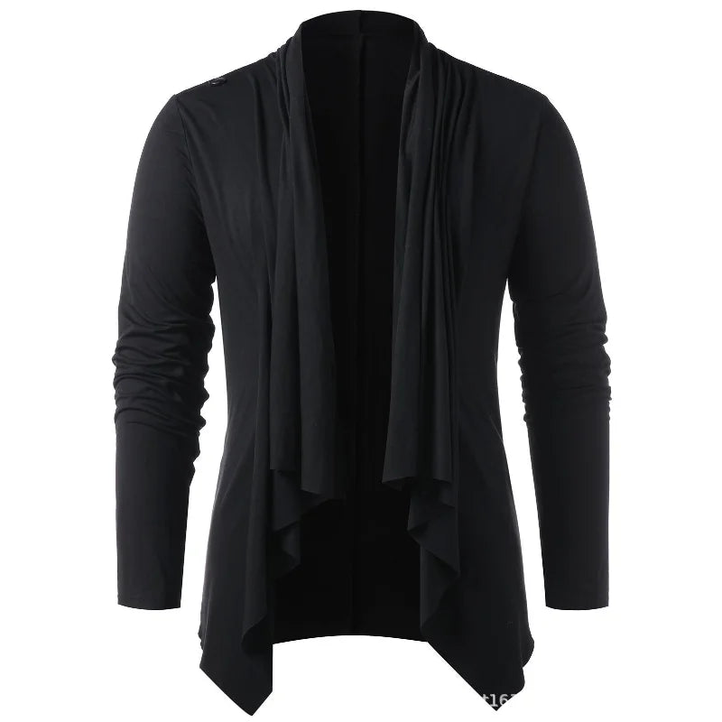 Men's draped cowl neck cardigan with long sleeves and asymmetric hem