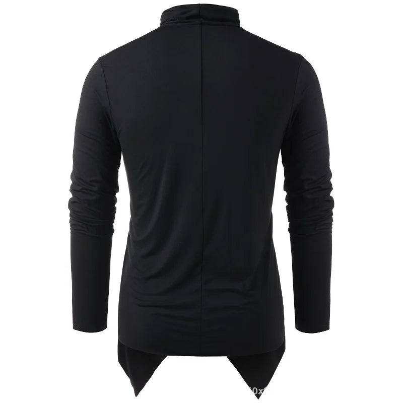 Men's draped cowl neck cardigan with long sleeves and asymmetric hem