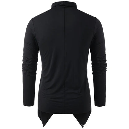 Men's draped cowl neck cardigan with long sleeves and asymmetric hem