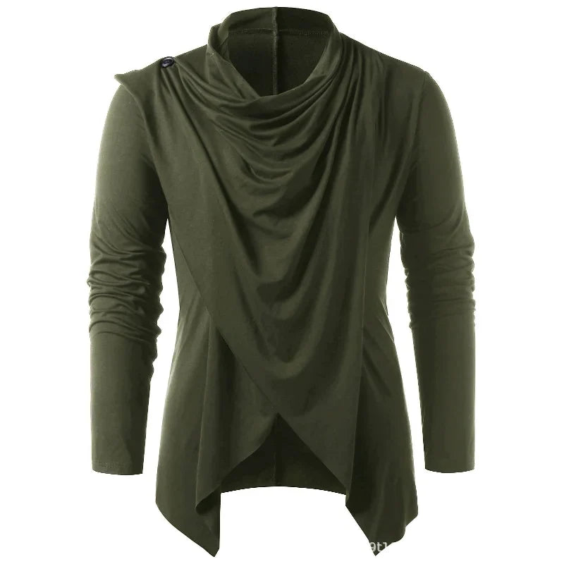 Men's draped cowl neck cardigan with long sleeves and asymmetric hem