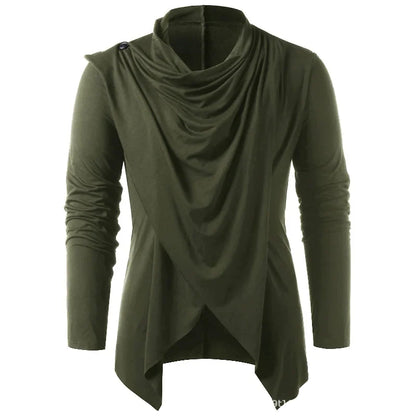Men's draped cowl neck cardigan with long sleeves and asymmetric hem