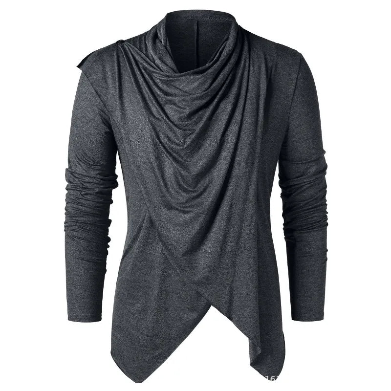 Men's draped cowl neck cardigan with long sleeves and asymmetric hem