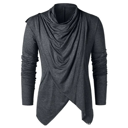 Men's draped cowl neck cardigan with long sleeves and asymmetric hem