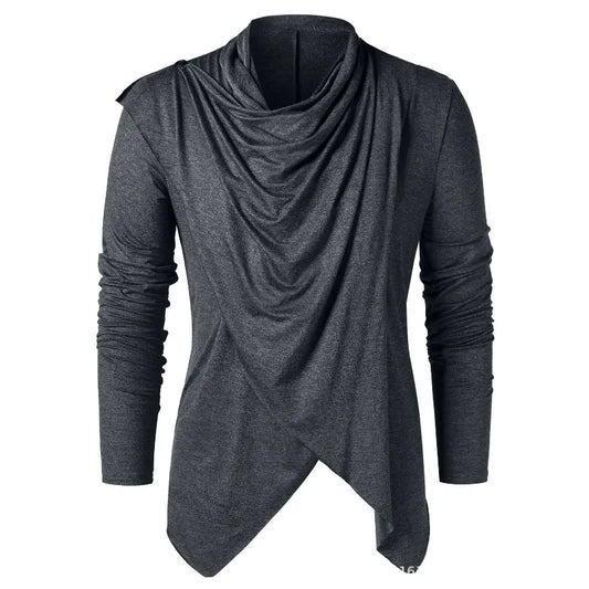 Men's draped cowl neck cardigan with long sleeves and asymmetric hem