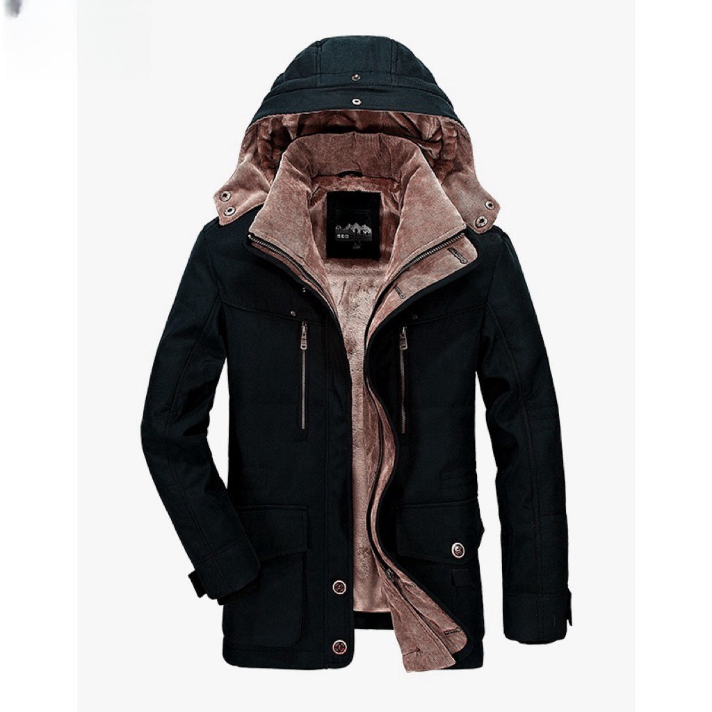 Men's hooded parka jacket with multiple front pockets