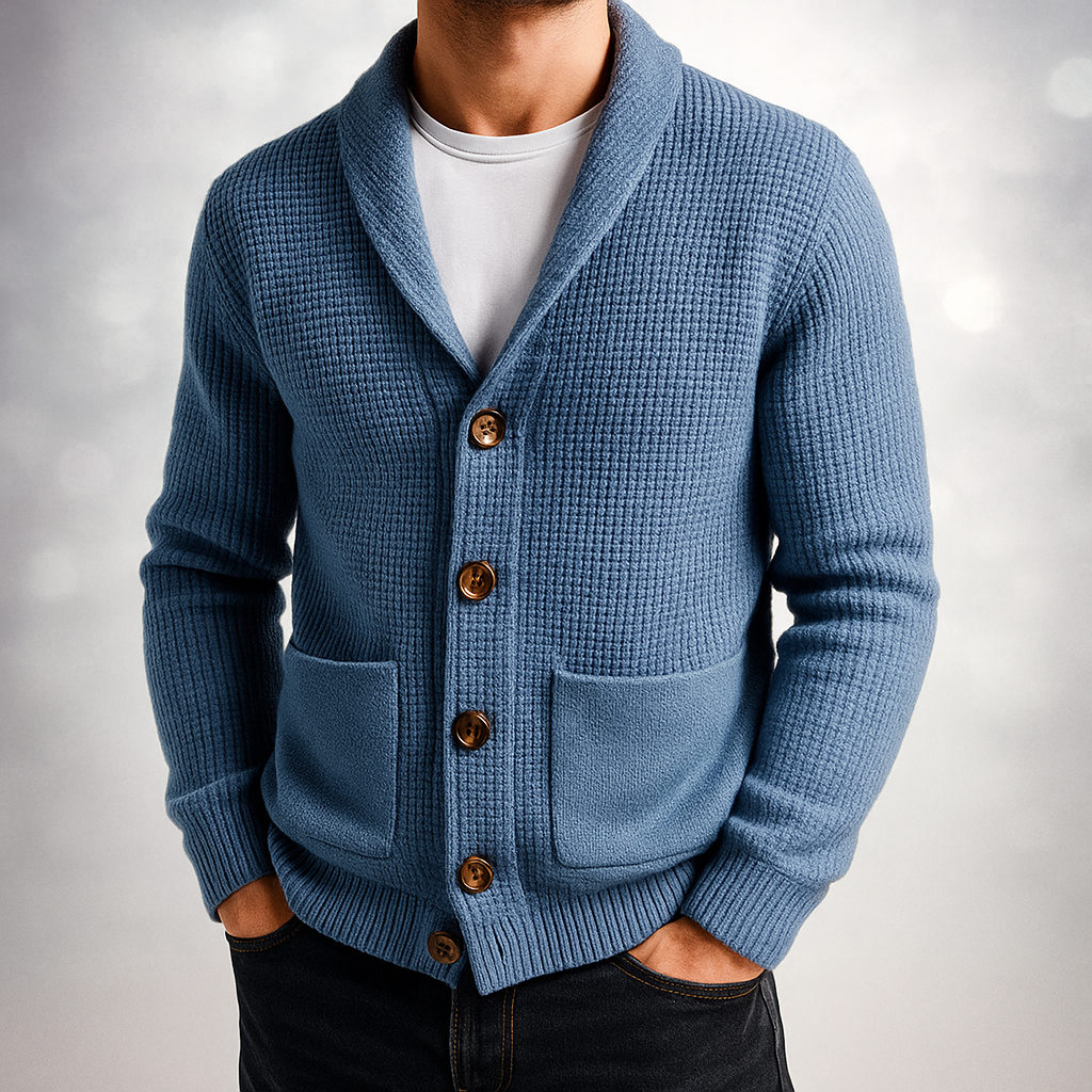 Men's textured knit cardigan with shawl collar, buttons and two patch pockets