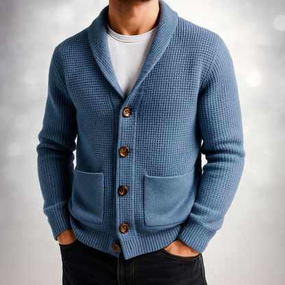 Men's textured knit cardigan with shawl collar, buttons and two patch pockets