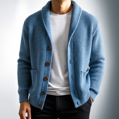 Men's textured knit cardigan with shawl collar, buttons and two patch pockets