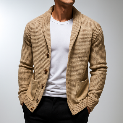 Men's textured knit cardigan with shawl collar, buttons and two patch pockets
