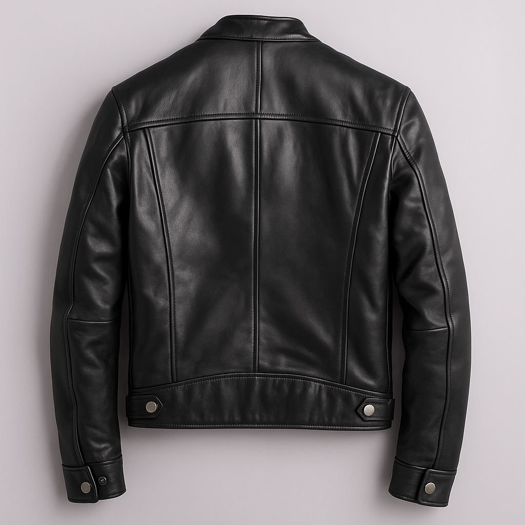 Men's leather jacket with stand collar and multiple zip pockets